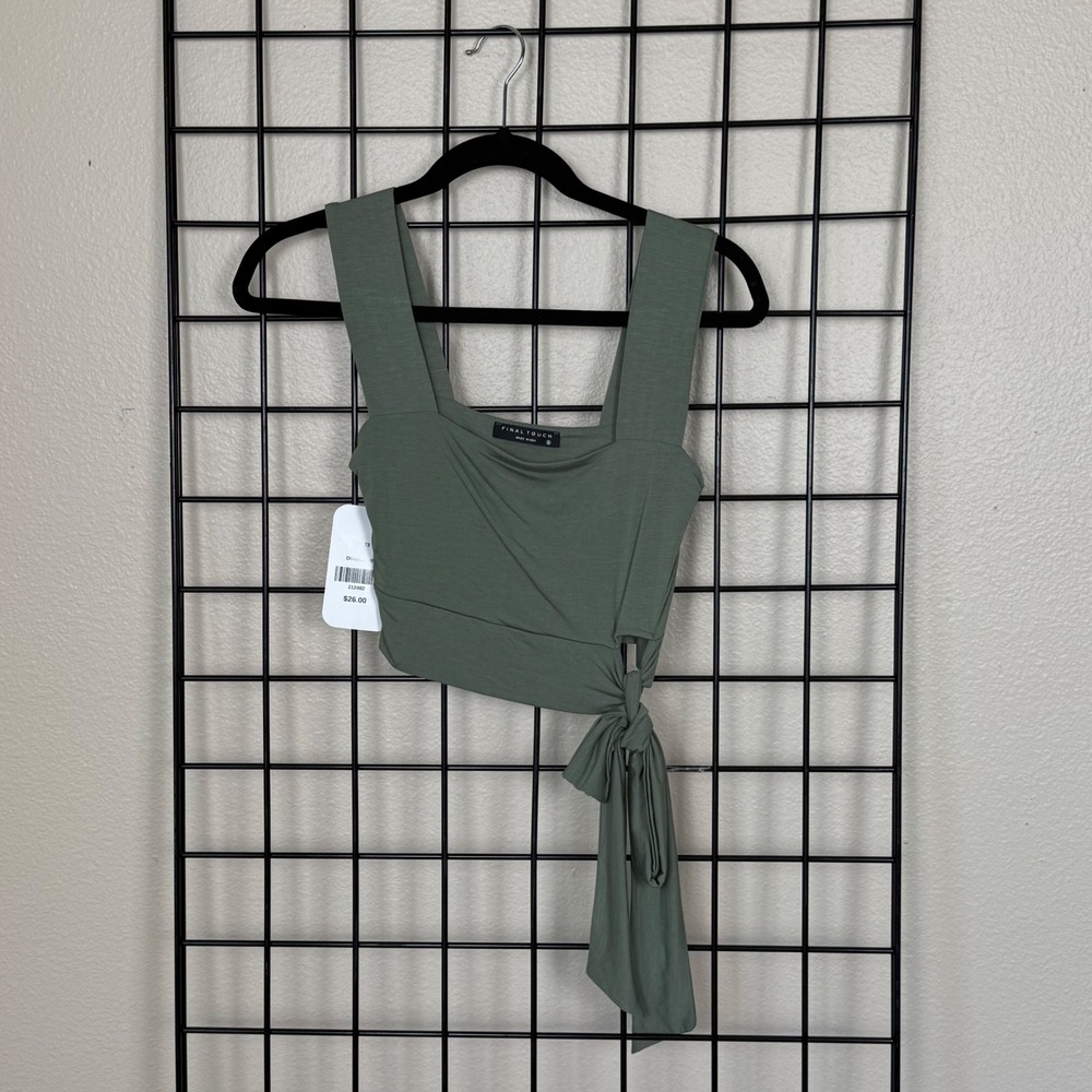 Final Touch Crop Top Women Small Olive Green Side Tie Square Neck Sleeveless NEW